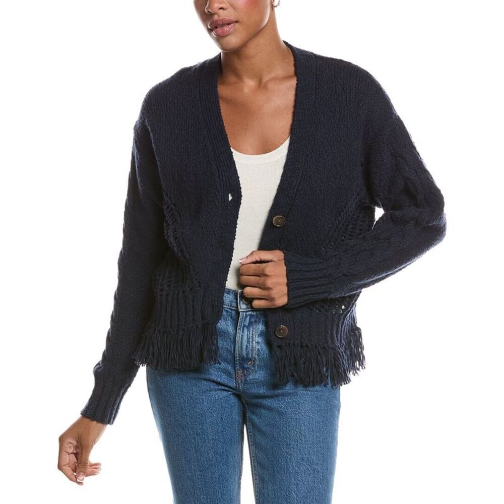 Autumn Cashmere Womens  Fringe Mixed Stitch Open Cardigan, Navy